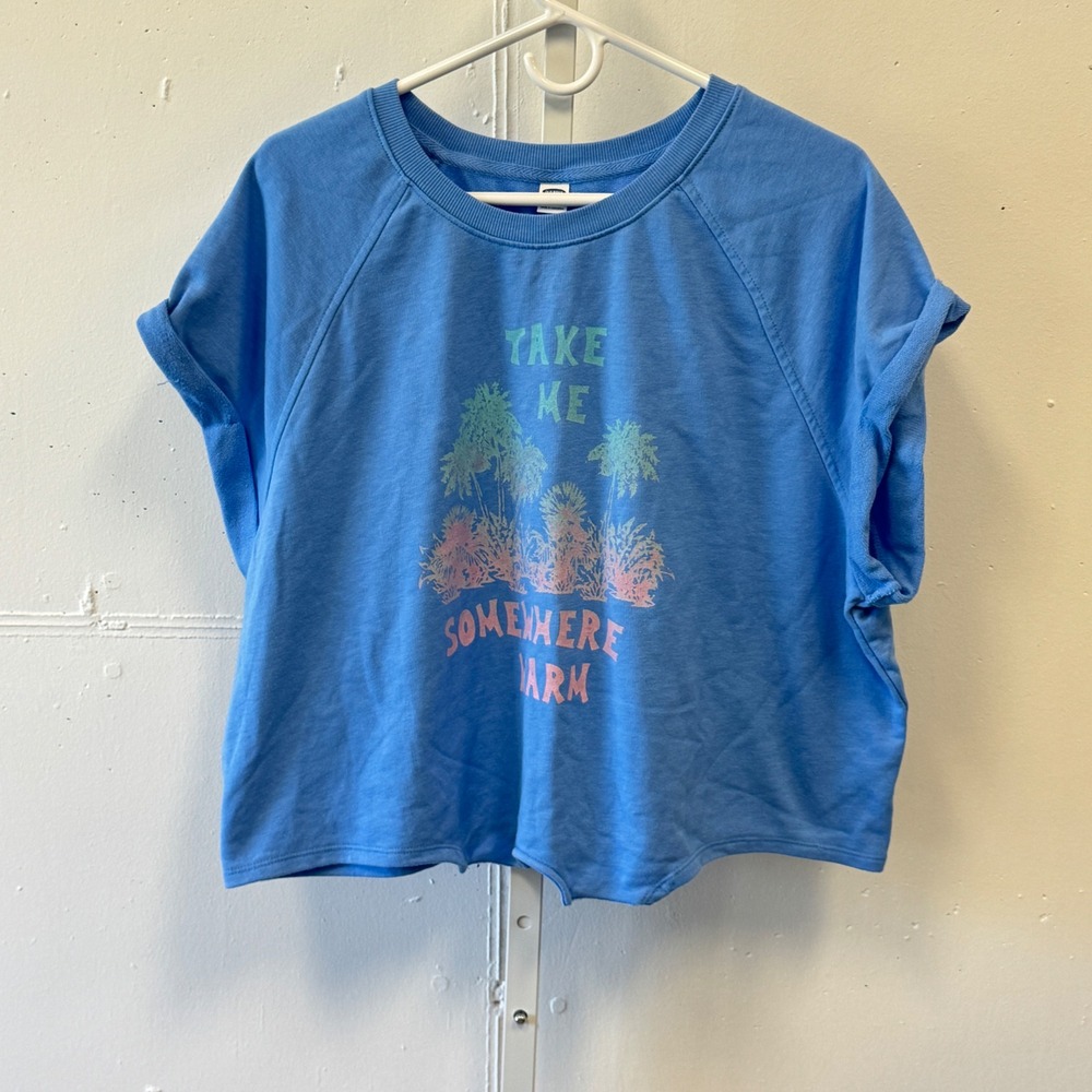 Old Navy Women's XL Blue‎ Take Me Somewhere Warm Graphic Cropped Sweatshirt Tee